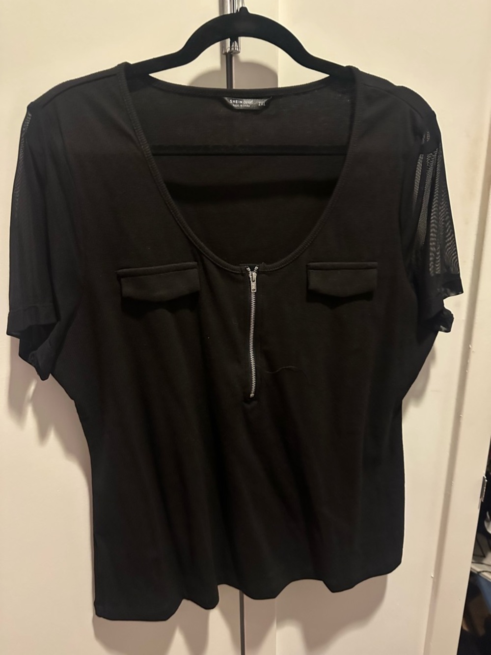 Black Short-Sleeve Zip Front Women's Top